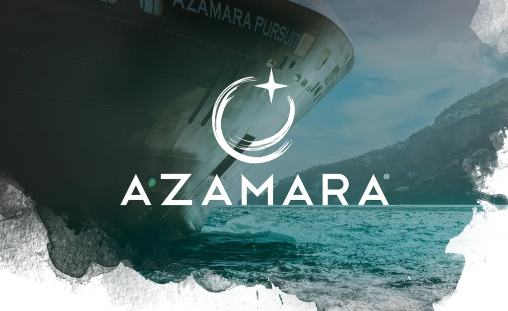 Azamara cruise line logo design featuring circular wave motif and star on coastal Mediterranean background - Brand identity by Celine Hercouet