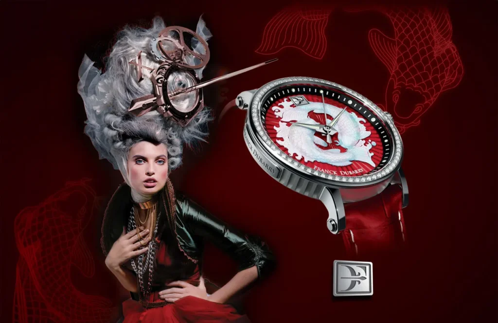 Franck Dubarry luxury watch advertising campaign featuring dramatic Marie Antoinette-inspired fashion photography with mechanical clockwork headpiece - Graphic design by Celine Hercouet
