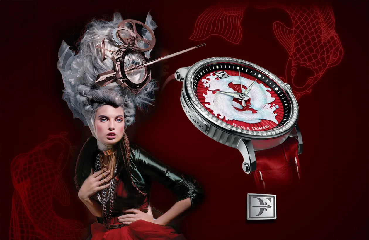 Franck Dubarry luxury watch advertising campaign featuring dramatic Marie Antoinette-inspired fashion photography with mechanical clockwork headpiece - Graphic design by Celine Hercouet