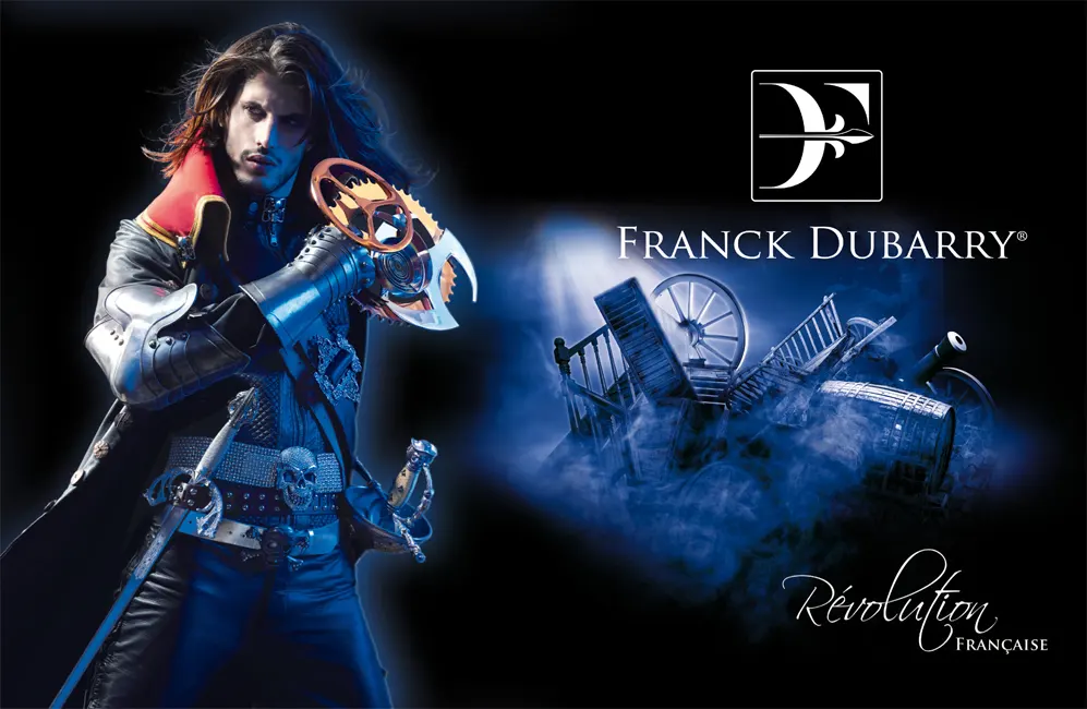 Dramatic watch campaign featuring man in samurai-inspired styling with mechanical elements and sword against dark background with architectural ruins
