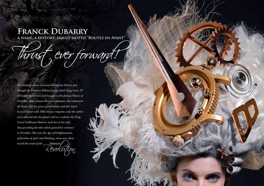 Franck Dubarry brand story page showing detailed rose gold clockwork mechanism with white feathers and text about family motto Boutez en Avant