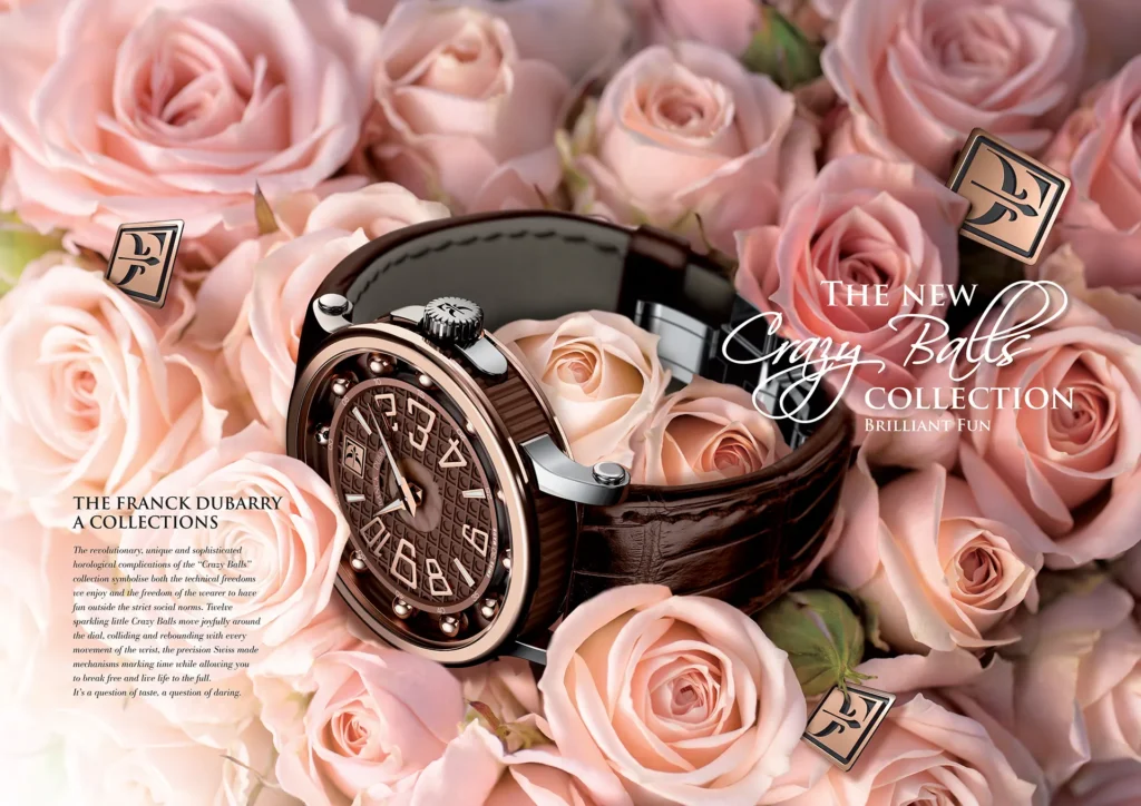 Franck Dubarry Crazy Balls Collection watch with brown leather strap and intricate dial nestled among soft pink roses