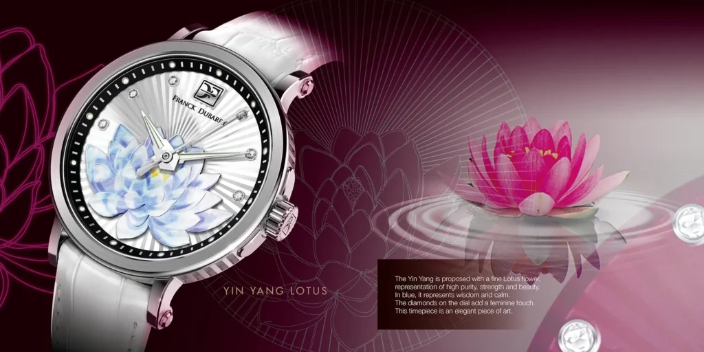 Franck Dubarry Yin Yang Lotus watch with white mother-of-pearl dial featuring delicate blue lotus flower against purple gradient background