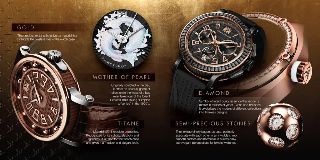 Luxury watch materials showcase displaying gold, mother of pearl, diamond and titanium Franck Dubarry timepieces with descriptive text