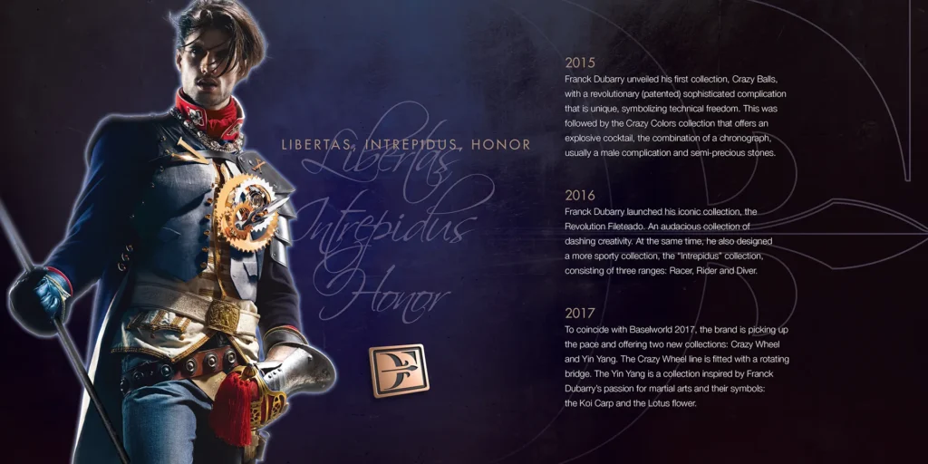Revolutionary soldier character with exposed clockwork mechanism in chest next to Franck Dubarry brand timeline showing collections from 2015-2017