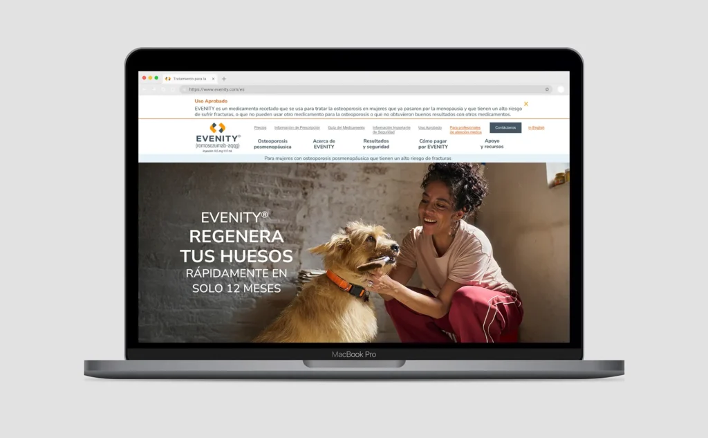 MacBook Pro displaying Evenity website homepage in Spanish with hero image and navigation menu showing osteoporosis treatment information