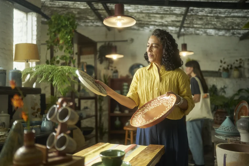 Woman in yellow blouse examining decorative ceramic plates in artisan pottery shop with pendant lighting and houseplants